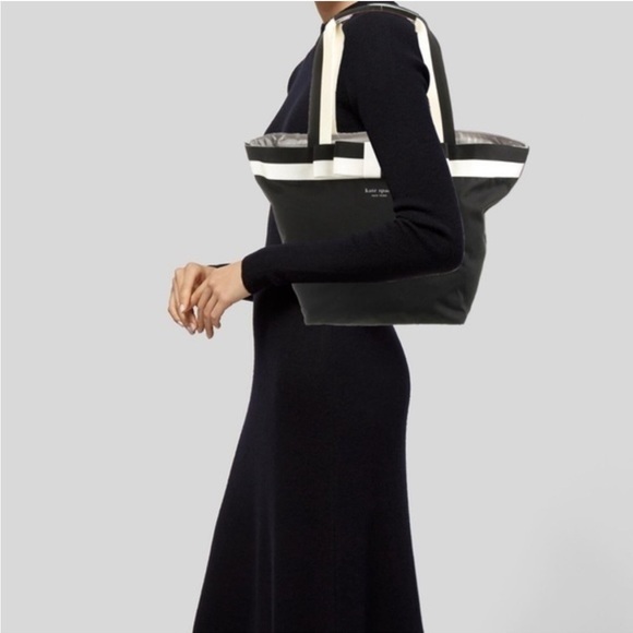Kate Spade Barrow Street Tote Bag Bow Accent Zip Top Black White Classic - Picture 5 of 17